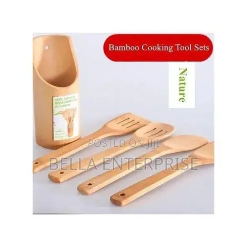 New Arrivals4pc Bamboo Cooking Spoons + Holder
