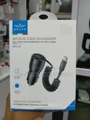 Brave Dual-Port Car Charger With a Built-in Coiled Type-C Cable.