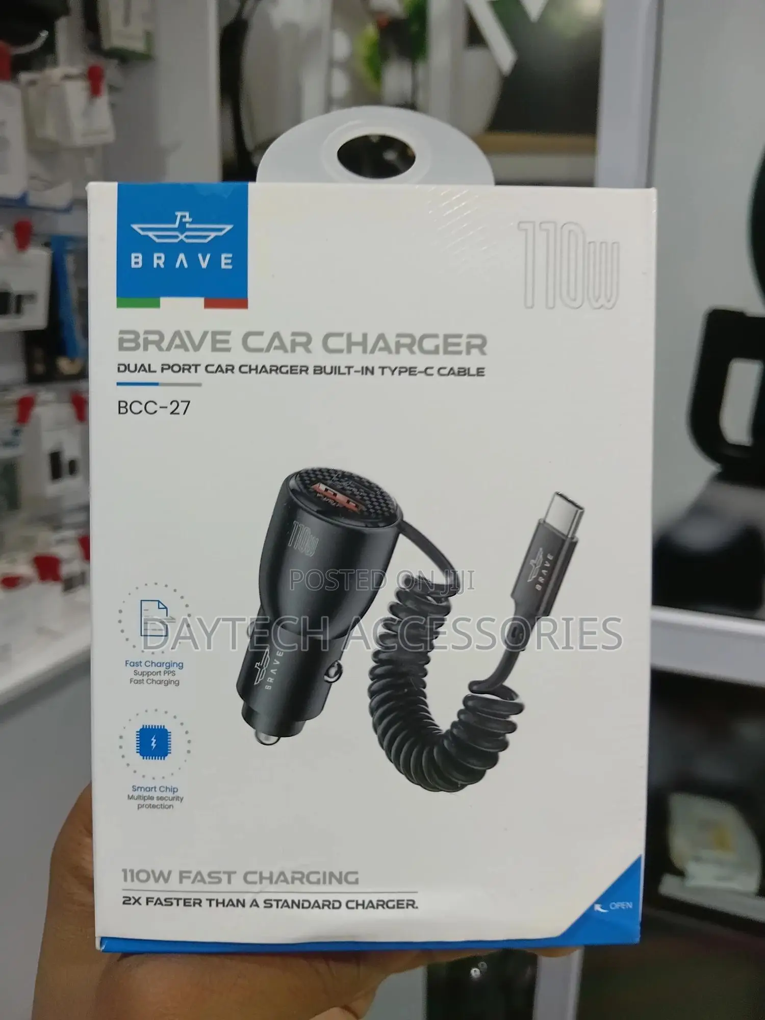 Brave 110w Multiport Car Charger With Dual Usb-C, 1m Coiled Cable