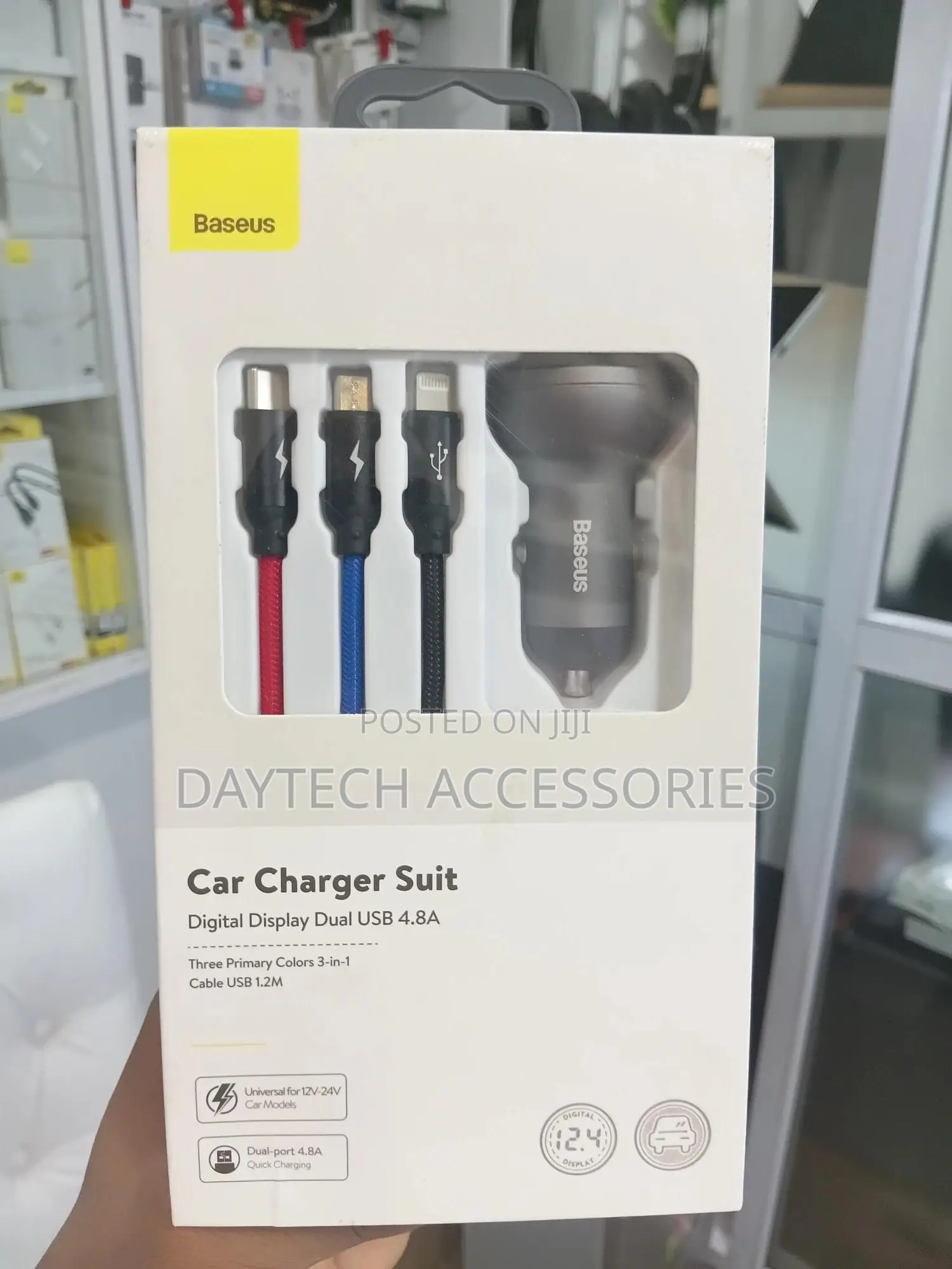 Baseus Digital Display Dual Usb 4.8a 24w Car Charger With 3-in-1 Cable