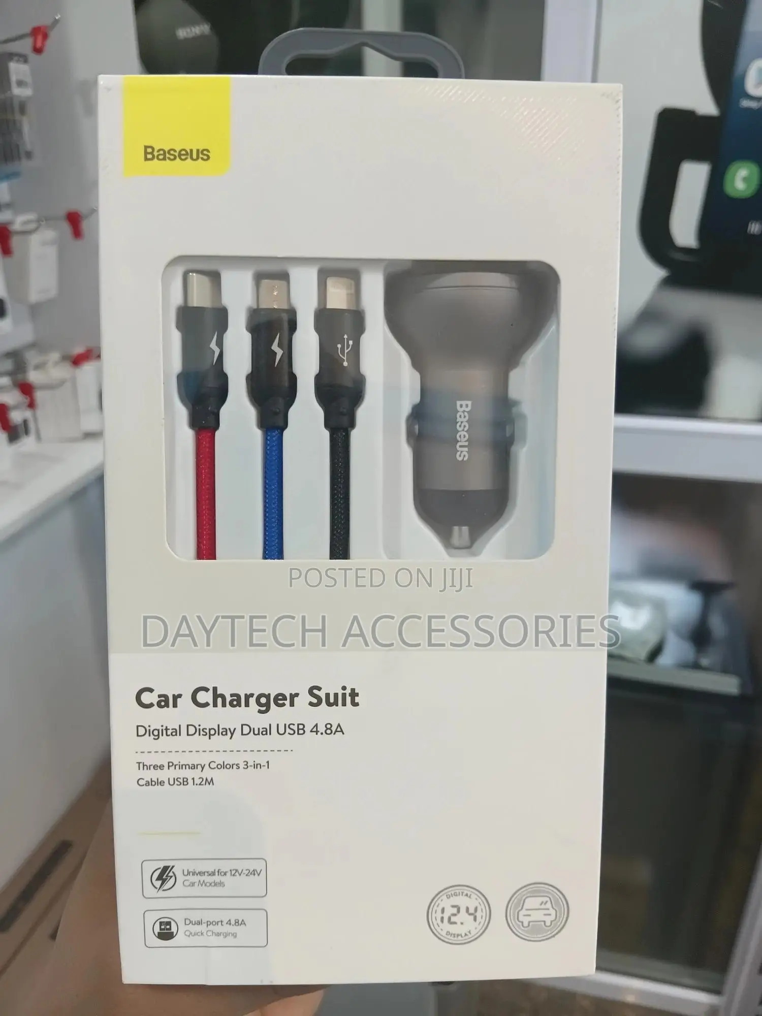 Baseus Digital Display Dual Usb 4.8a 24w Car Charger With 3-in-1 Cable