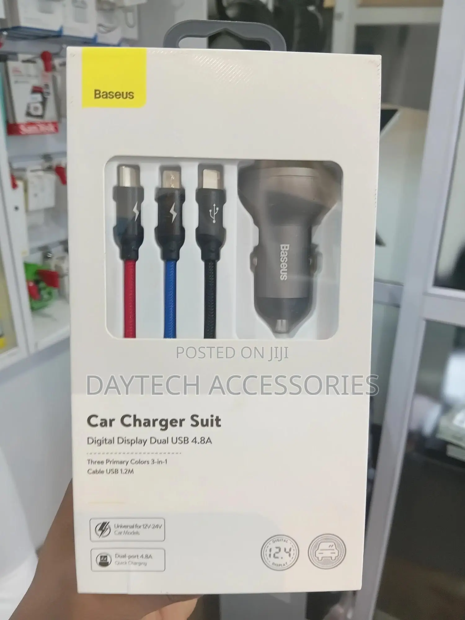 Baseus Digital Display Dual Usb 4.8a 24w Car Charger With 3-in-1 Cable