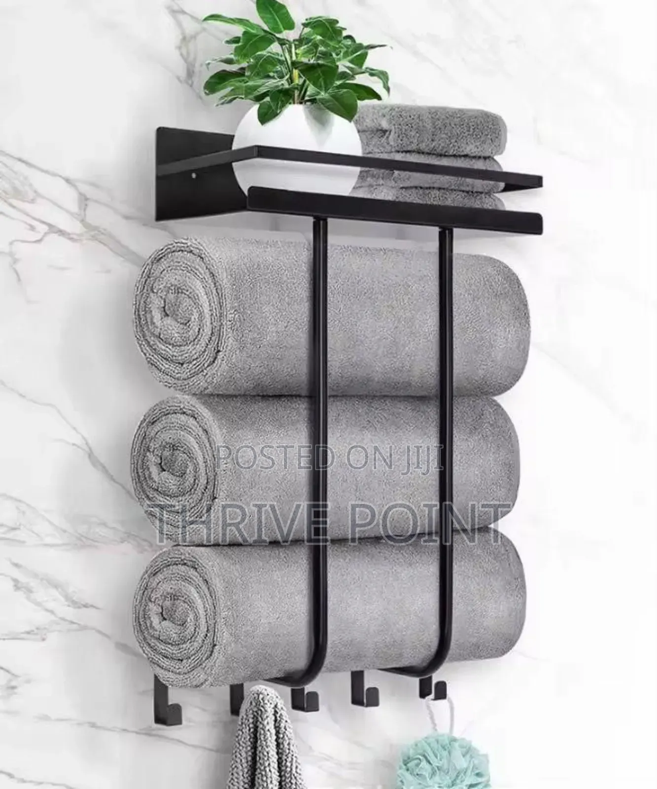 Multifunctional Bathroom Towel Holder With Metal Shelf and 5 Hooks