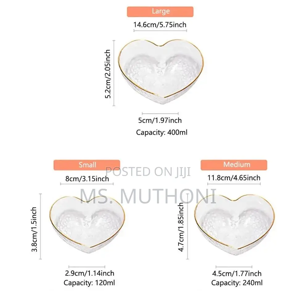 3 PCS Love  Shaped Golden Trim Hammered Pattern Glass Salad Bowls