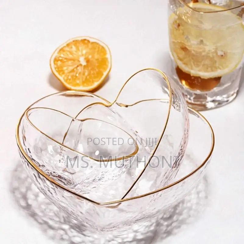 3 PCS Love  Shaped Golden Trim Hammered Pattern Glass Salad Bowls