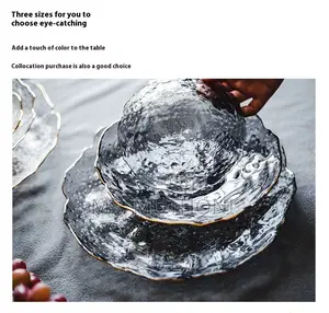 3 PCS Irregular Glacier / Hammered Glass Plate Set With a Gold-Rim