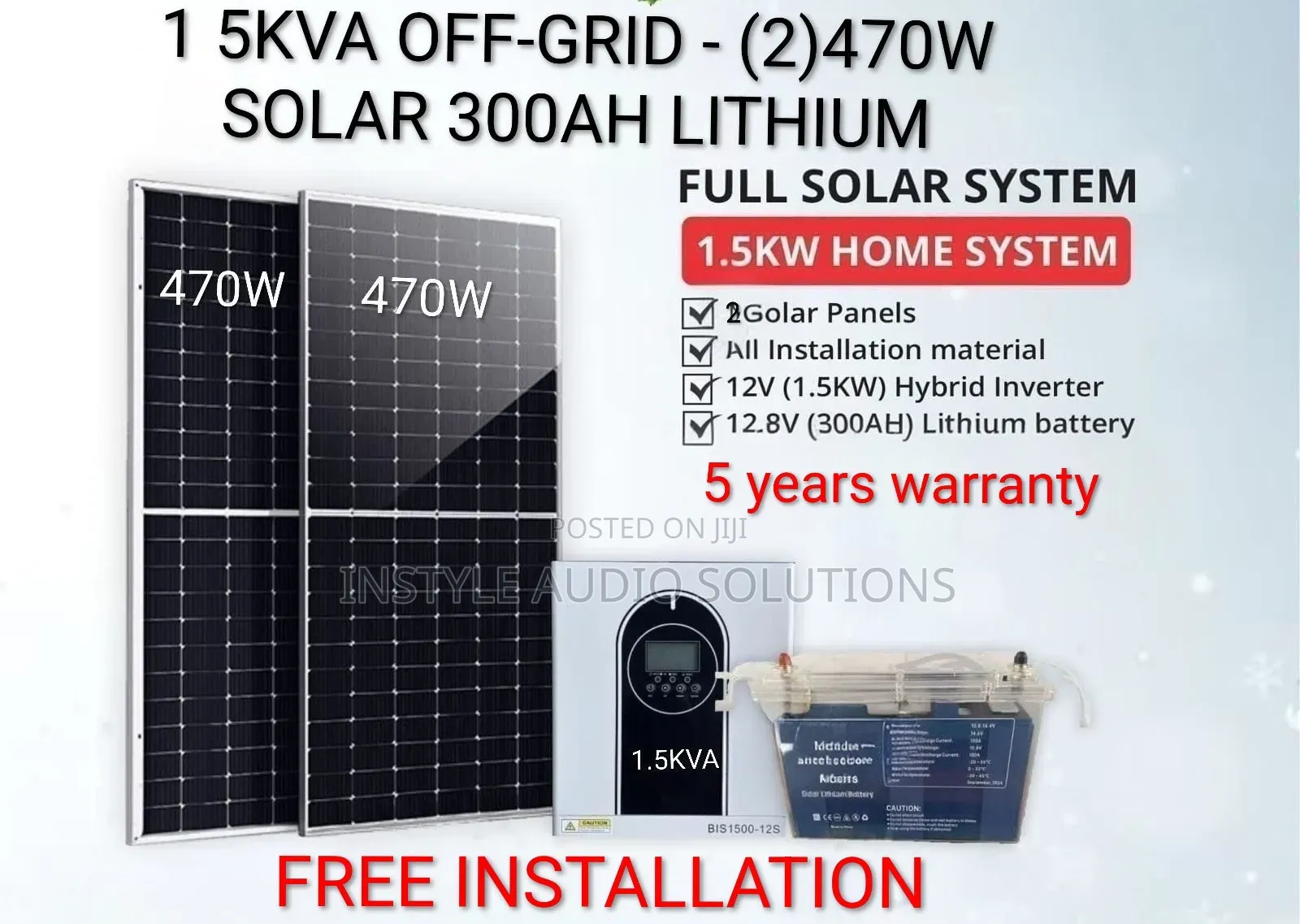 1.5kva Offgrid System - 300ah Lithium Ion - (2)470w Solar Panels