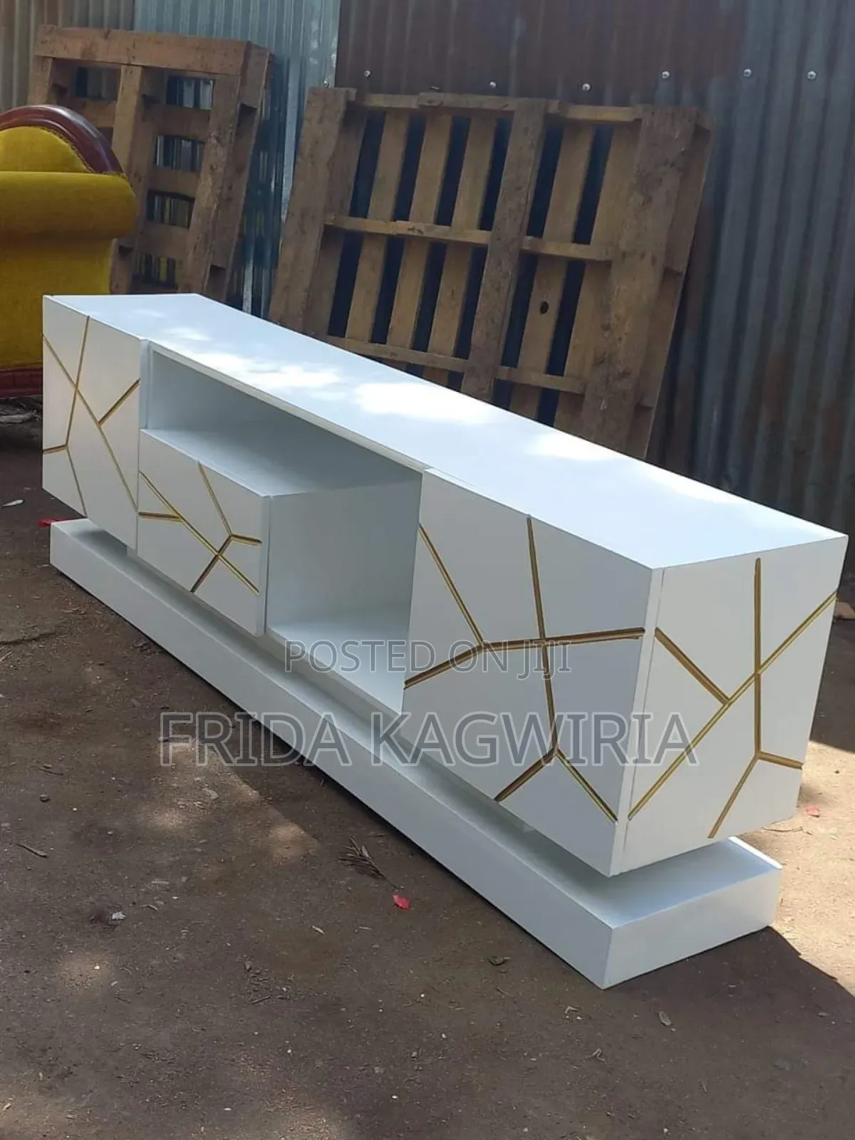 White and Gold Themed Tv Stand 5 1/2 Ft