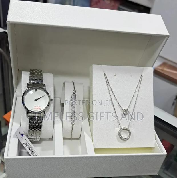 Silver Longbo Simple Ladies Watch Necklace Bracelet Set