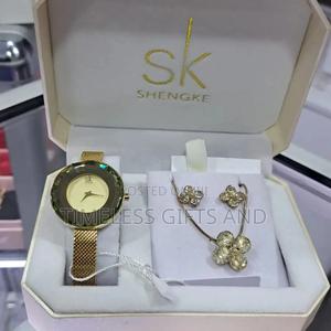 Sk Gold Mesh Watch Necklace Earrings Gift Set