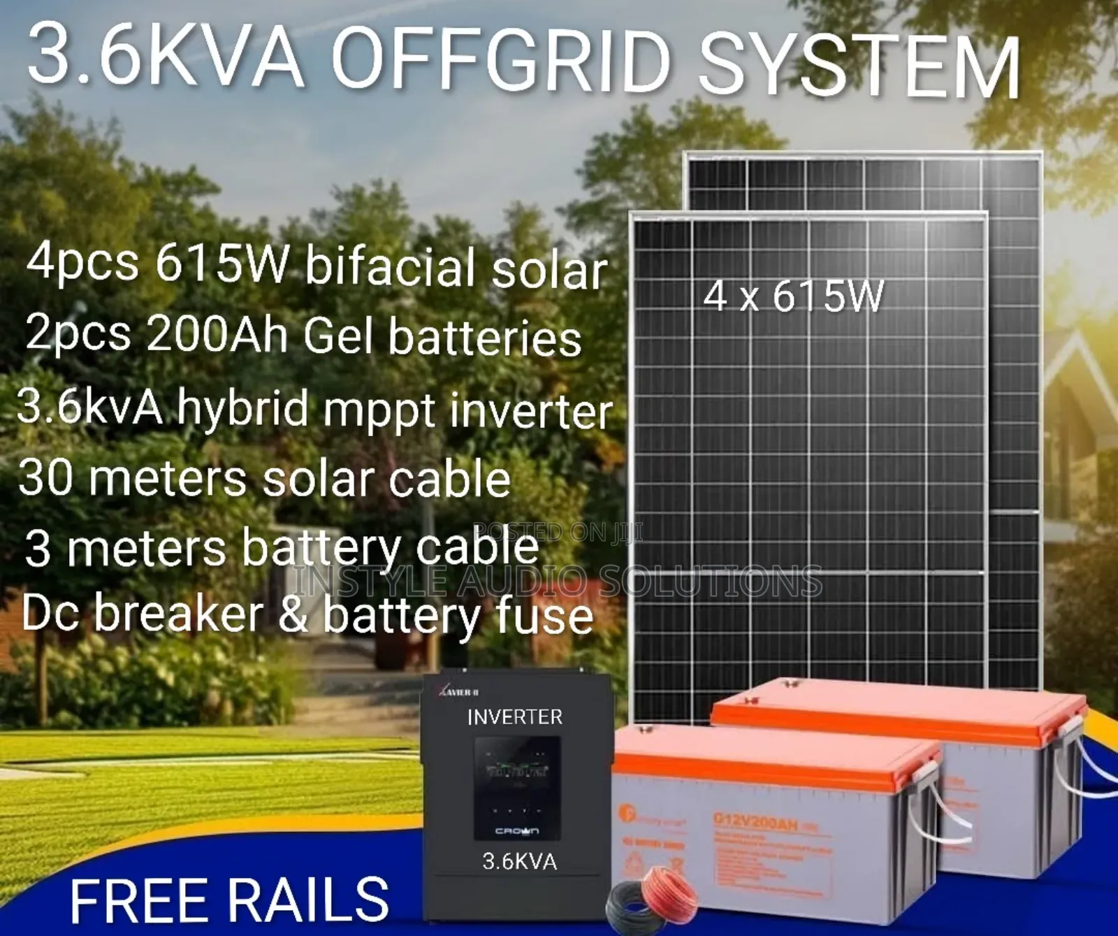 3.6kva Offgrid -(2)200ah Gel Batteries -(4)615w Bifacial Solar Package