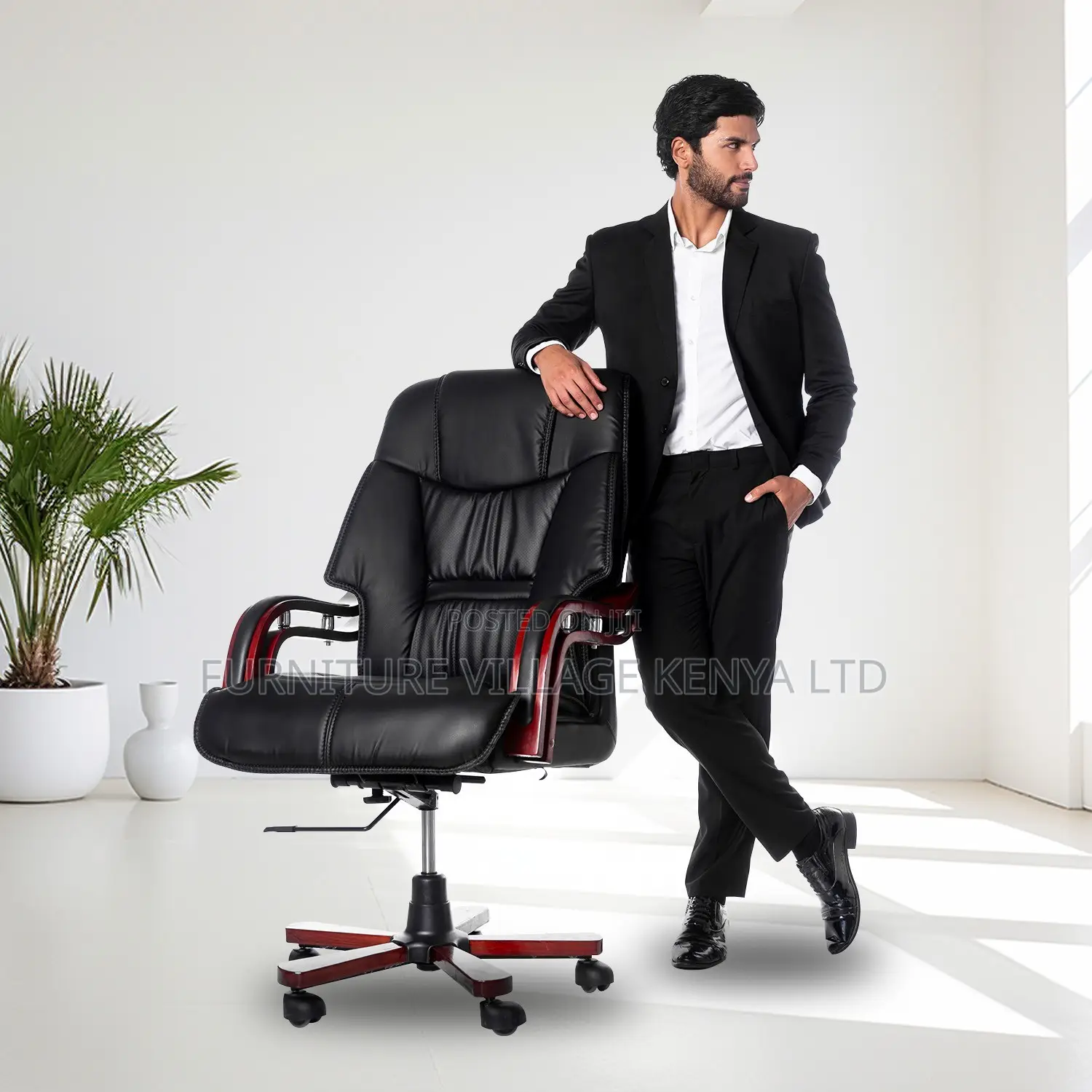 Office Chair ; Adjustable Executive Chair Black Leather