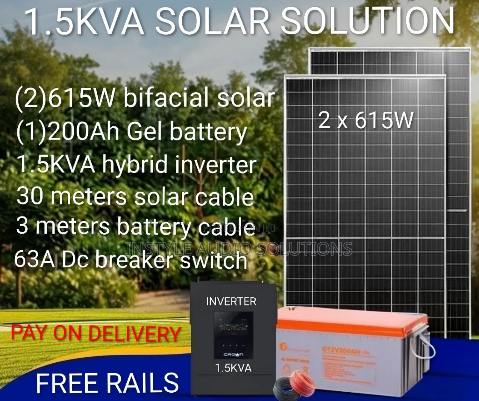 1.5kva Offgrid -(1)200ah Gel Battery -(2)615w Solar Free Installation