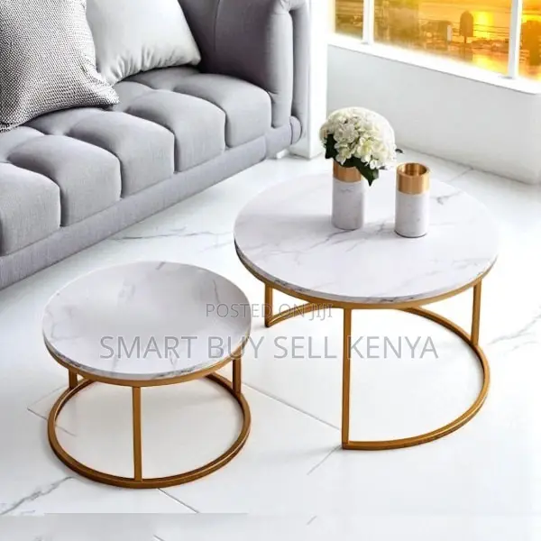 2 Piece Marble Nesting Coffee Table Set With Gold Frame