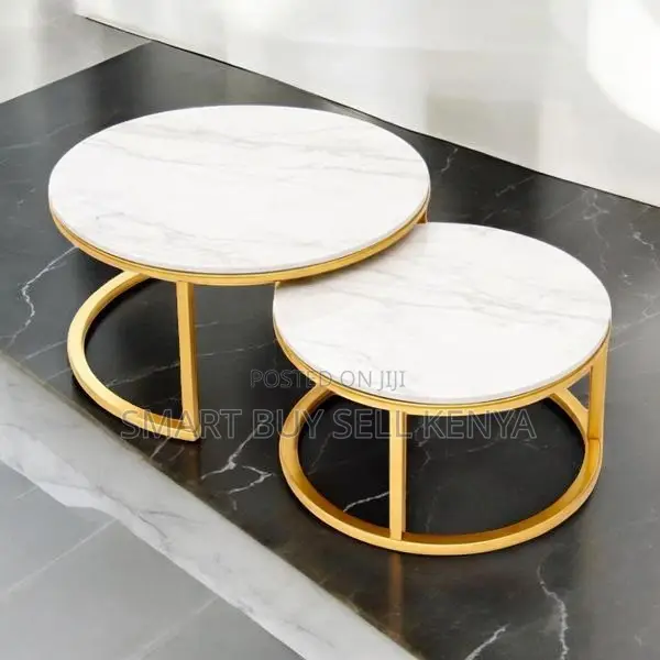 Elegant Gold Frame Circular Marble Coffee Tables 2 Piece