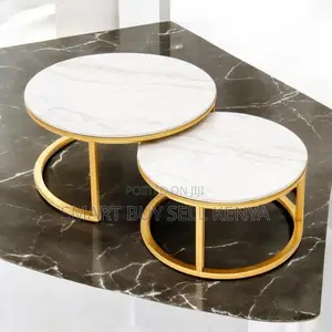 Elegant White Marble Nesting Coffee Table Set With Golden Base