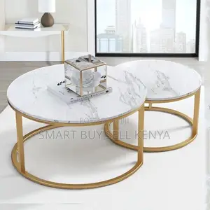 Round Nesting Coffee Table Set With White Marble Top and Gold Frame