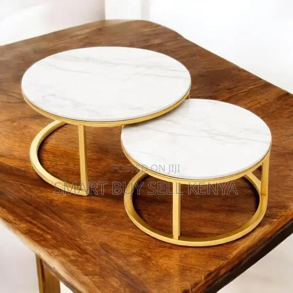 Decorative Nesting Coffee Table With Round Marble Top and Gold Legs
