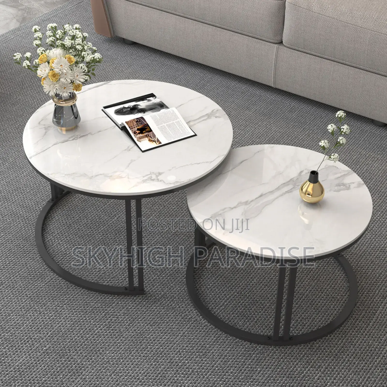 Modern Luxury 2in1 Pure Marble Nesting Tables With Black Stand