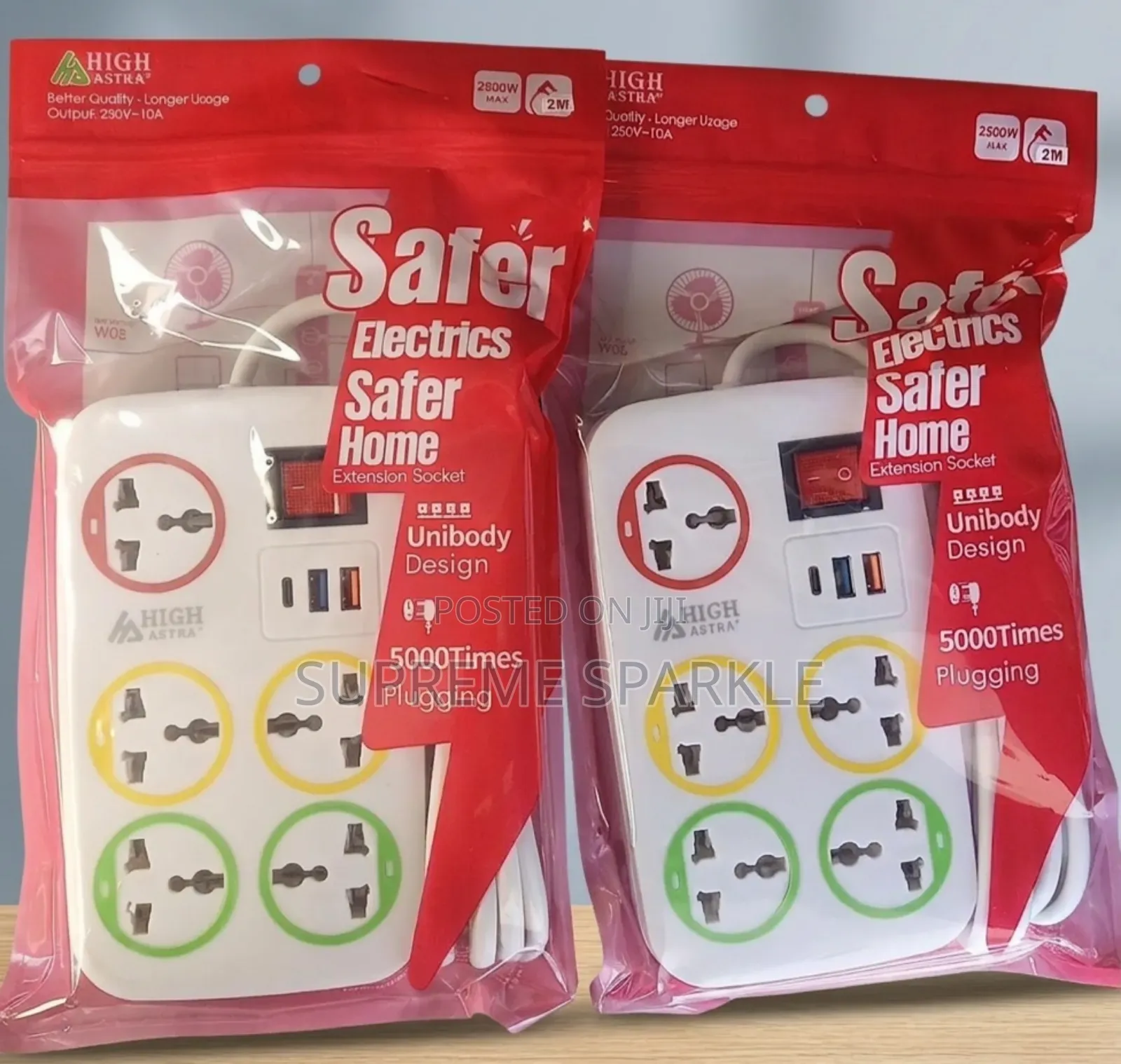 High Astra 5-Way Extension Socket, 2 Usb Ports, 1type C Port, 2m Cable