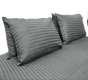 6 by 6 Gray Cotton Striped Bedsheets Set With Pillow Cases