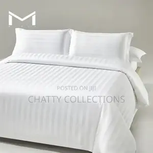 6 by 6 White Cotton Striped Bedsheets Set With Pillow Cases