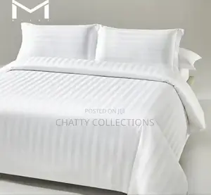 6 by 6 White Cotton Striped Bedsheets Set With Pillow Cases