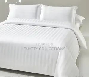 6 by 6 White Cotton Striped Bedsheets Set With Pillow Cases