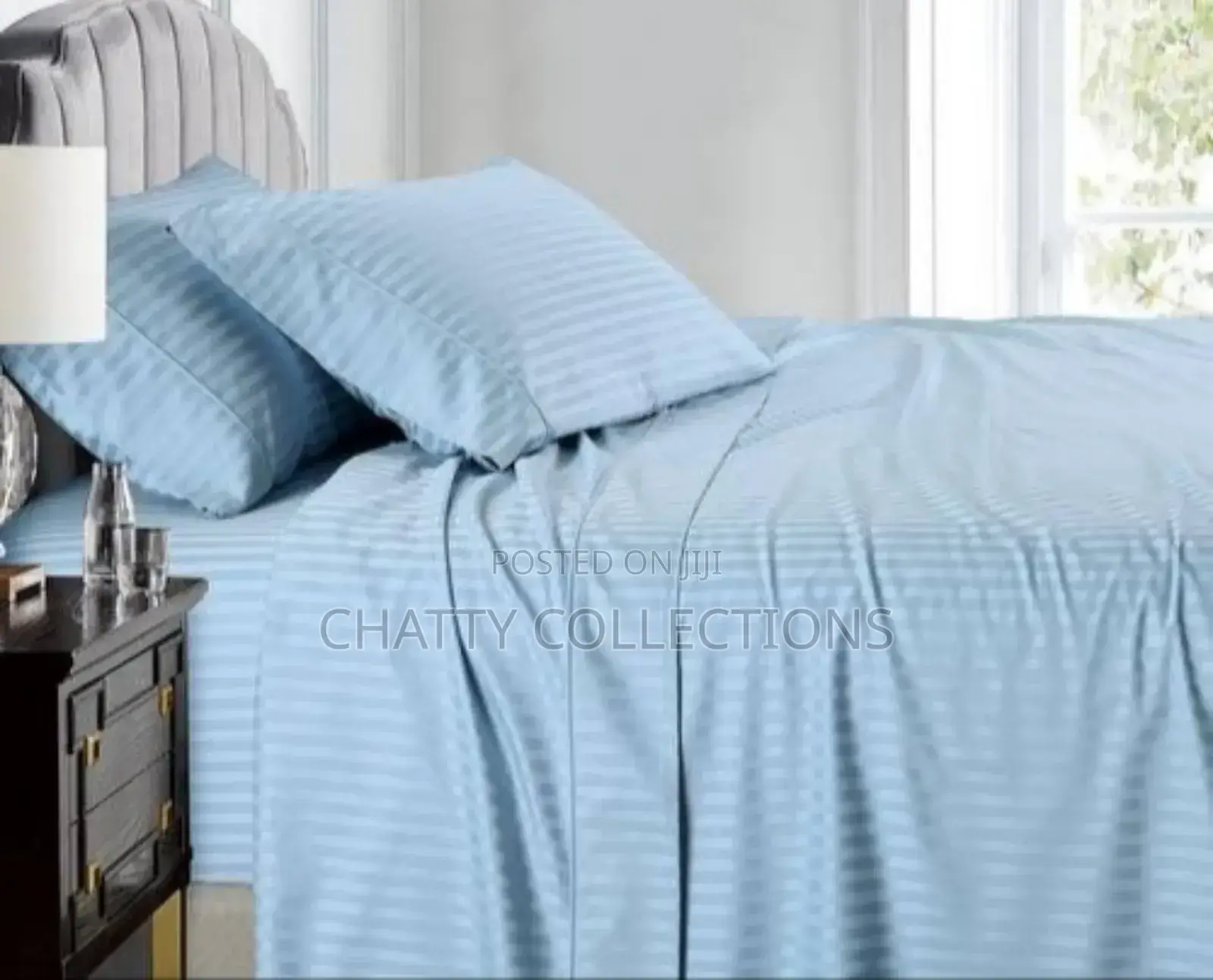 6 by 6 Blue Cotton Striped Bedsheets Set With Pillow Cases
