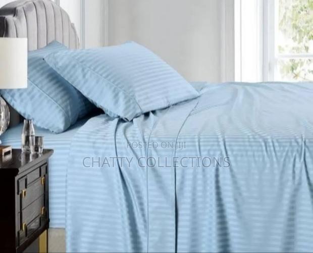 6 by 6 Blue Cotton Striped Bedsheets Set With Pillow Cases