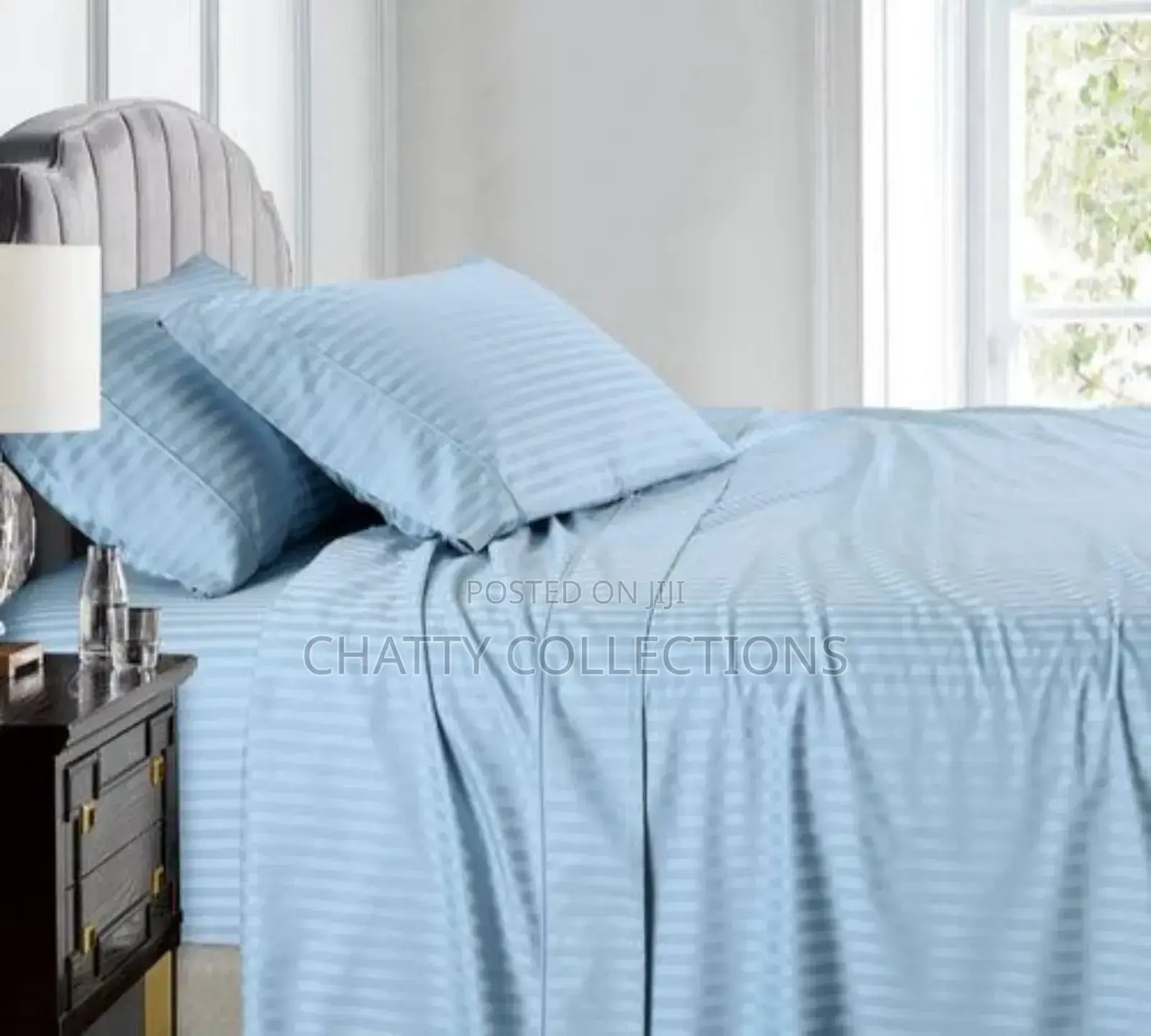 6 by 6 Blue Cotton Striped Bedsheets Set With Pillow Cases