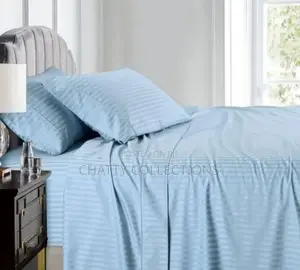 6 by 6 Blue Cotton Striped Bedsheets Set With Pillow Cases
