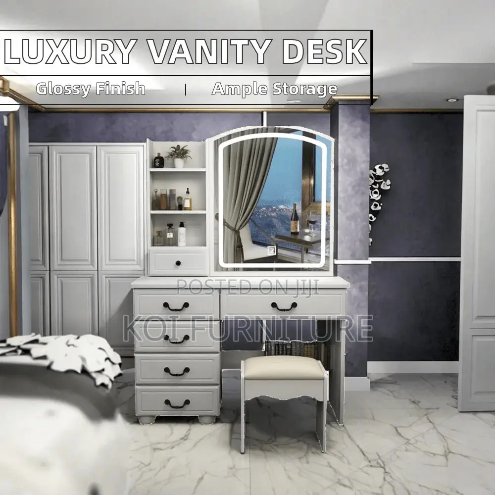 Dressers; White Bedroom Home Vanity Set With Glossy Finish