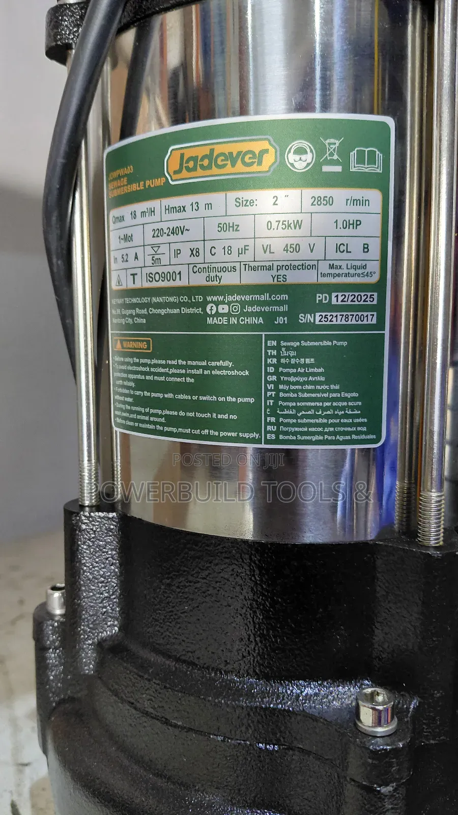 2" 1hp Jadever Sewage/Trash Submersible Pump 750w Heavyduty