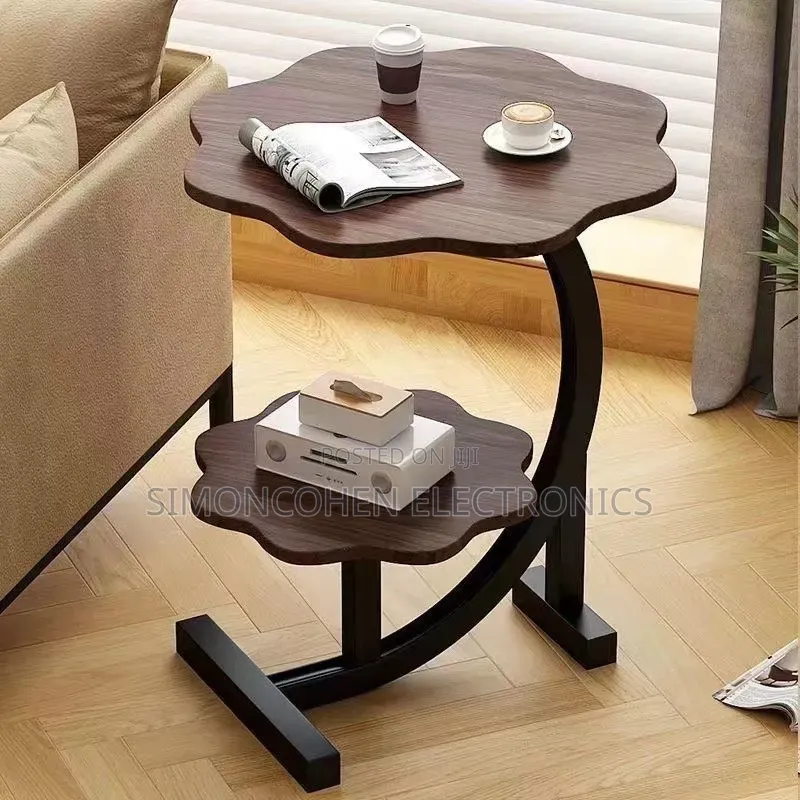 Wooden Wavy Top Bottom Metallic Crescent Frame 2 Layer Side Table