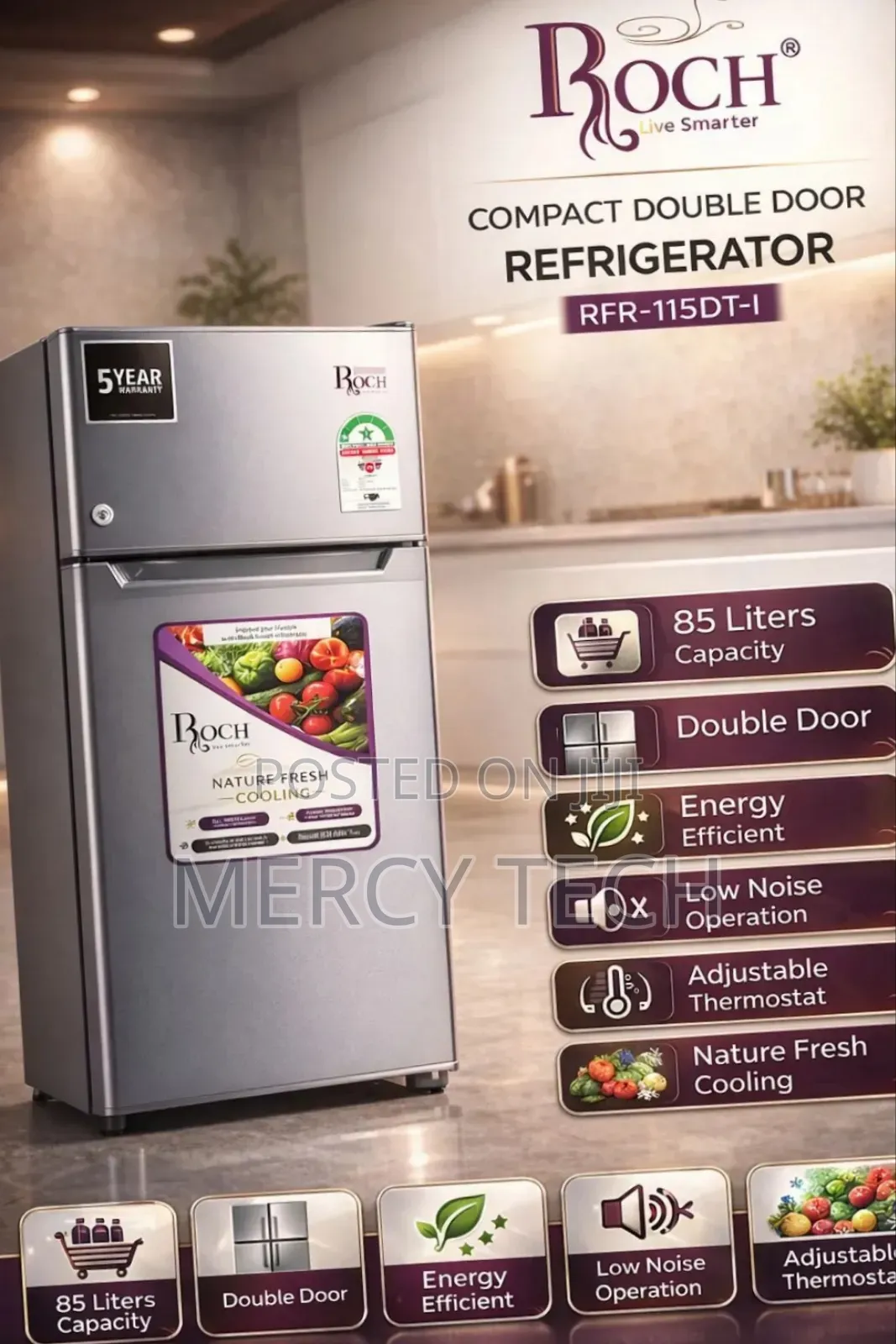 Roch Compact Double Door Refrigerator RFR-115dt-I