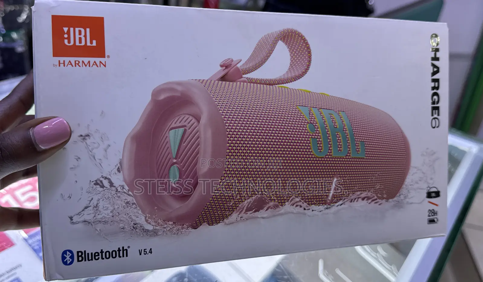 Pink JBL Charge 6 Bluetooth Speaker.