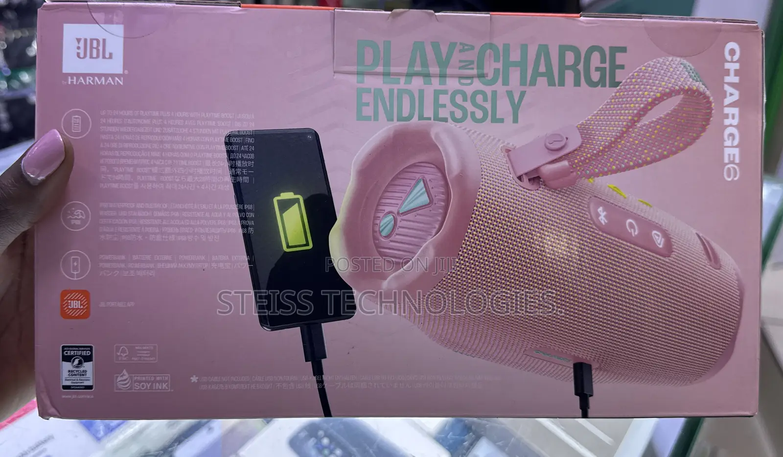 Pink JBL Charge 6 Bluetooth Speaker.