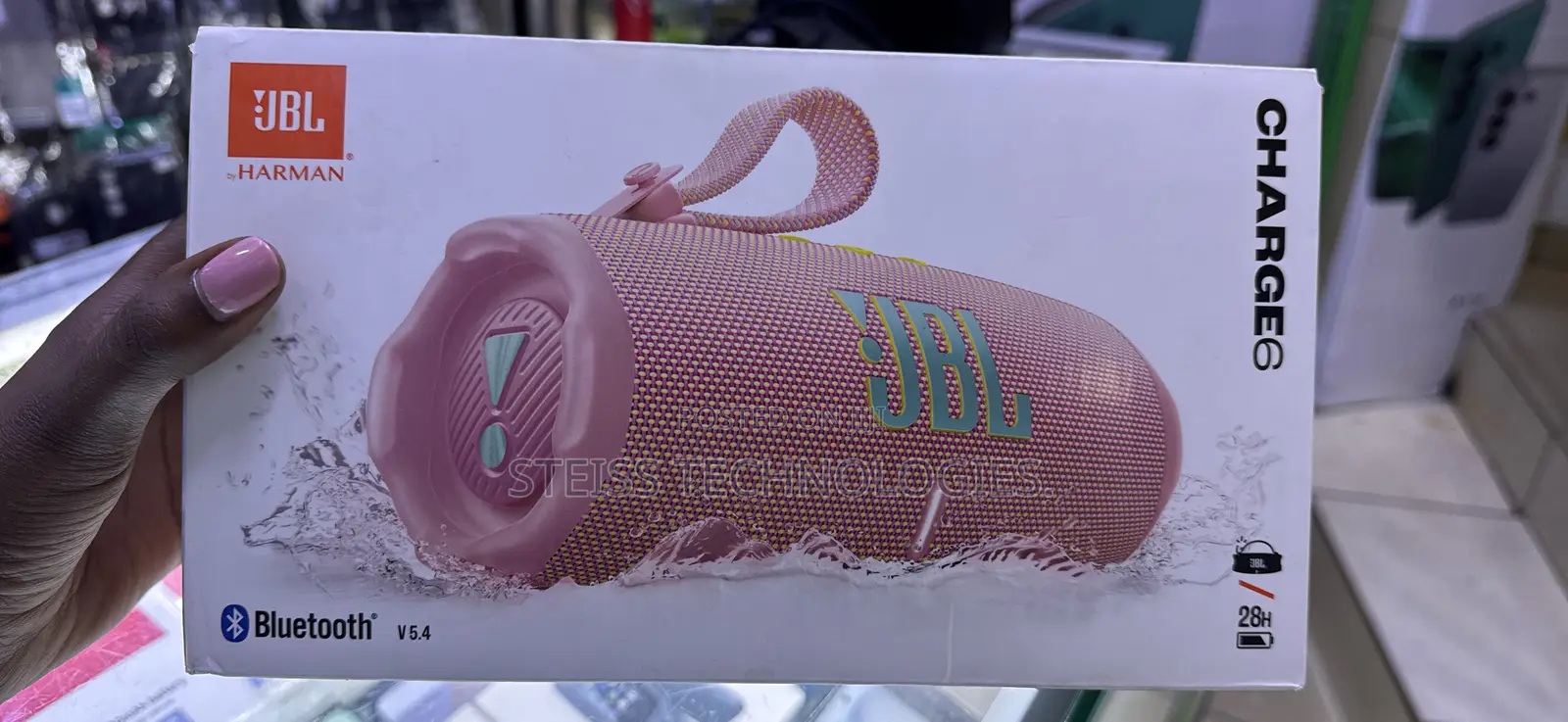 Pink JBL Charge 6 Bluetooth Speaker.