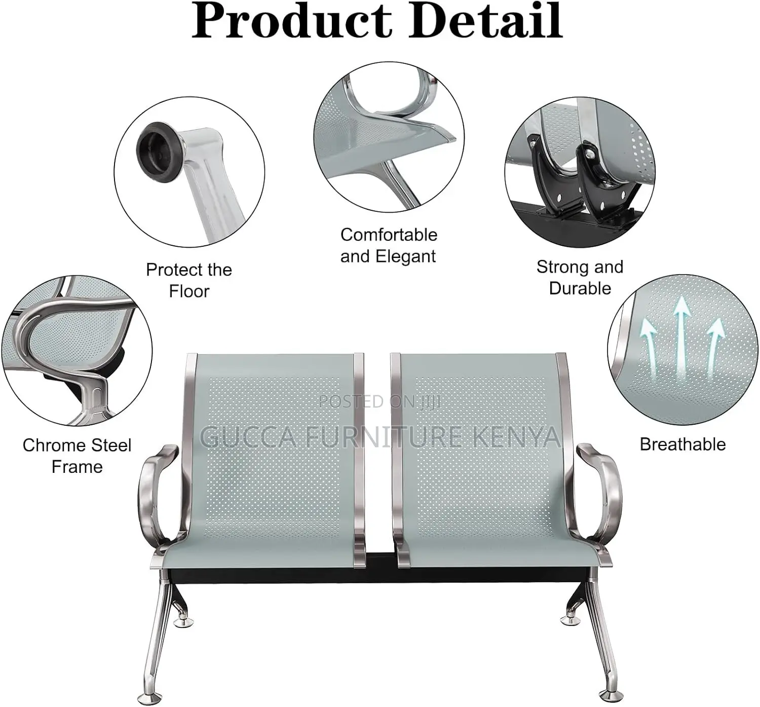 2-Seater Steel Arm Reception Waiting Bench