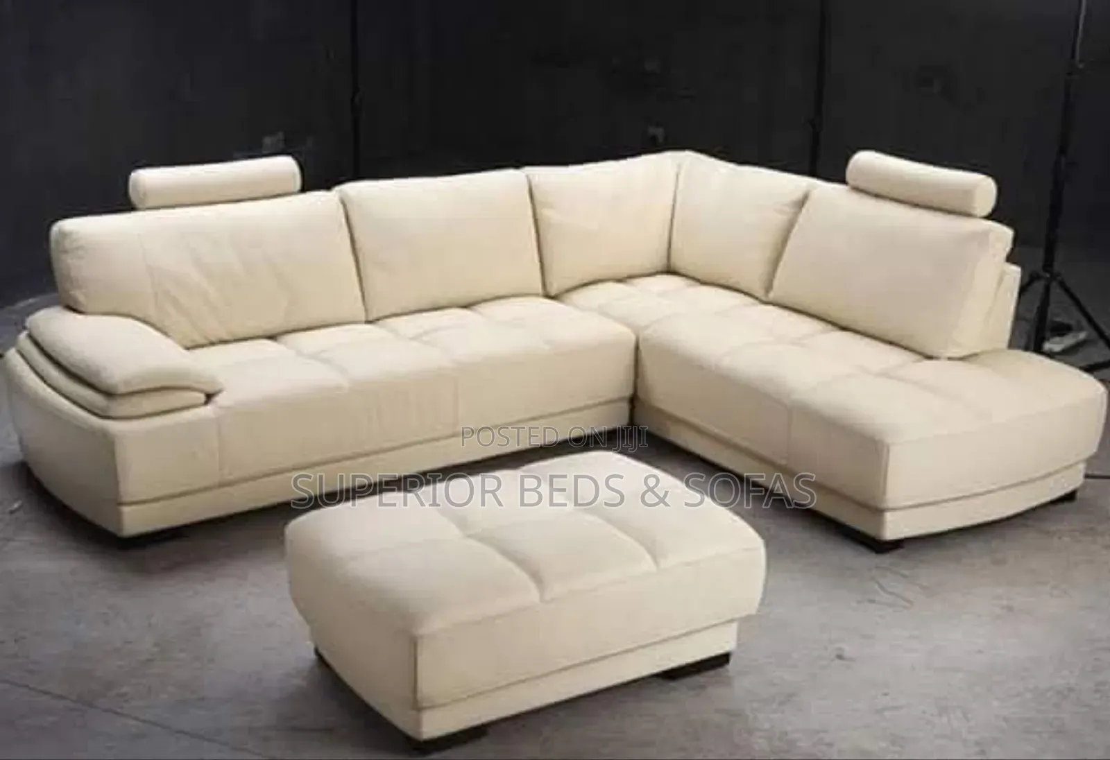 6 Seater Corner Sofa -Cream- L-Shaped + Ottoman