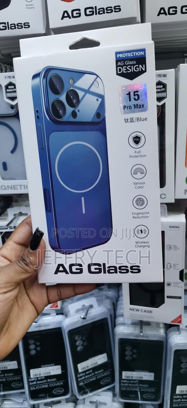 Blue Ag Glass Magnetic Back Cover Case for iPhone 15 Pro Max.