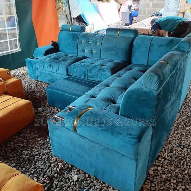 5 Seater Blue Sofa( L-Shaped ) With Cup Holders