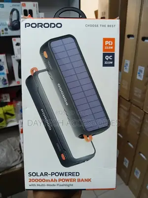 Porodo Solar-Powered 20000mah Power Bank With Flashlight - Black