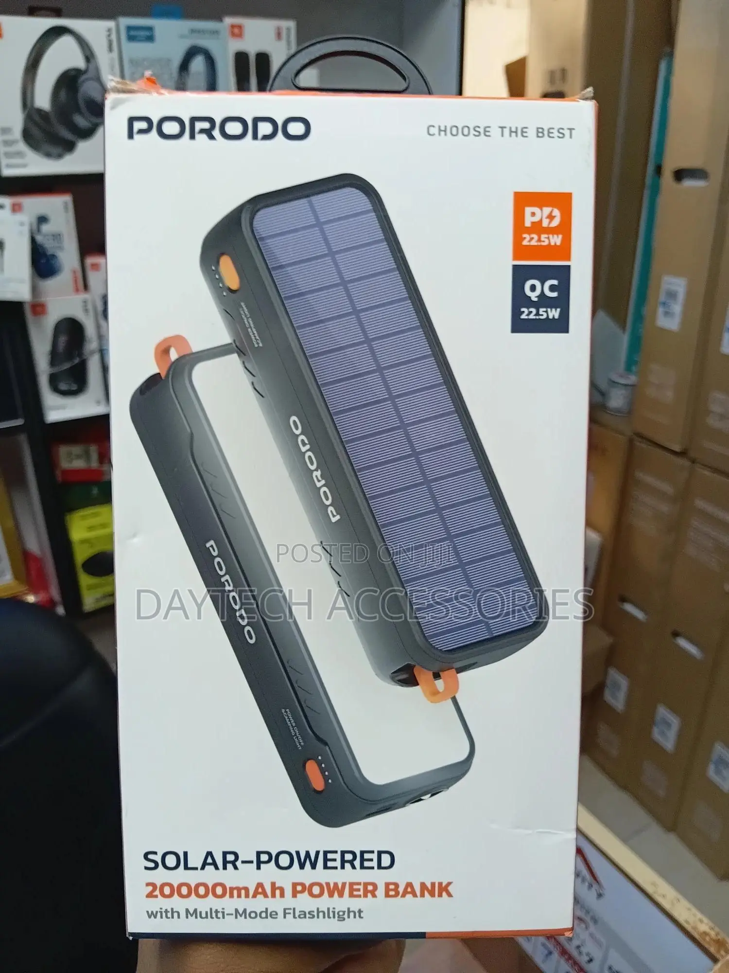 Porodo Solar-Powered 20000mah Power Bank With Flashlight - Black