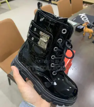Black Wetlook Shiny Unisex Kids Leather Boots Sizes: 21_38