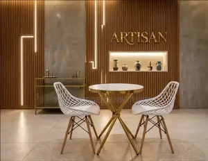 Gold Cocktail Dining Table With Lattice White Dining Chairs