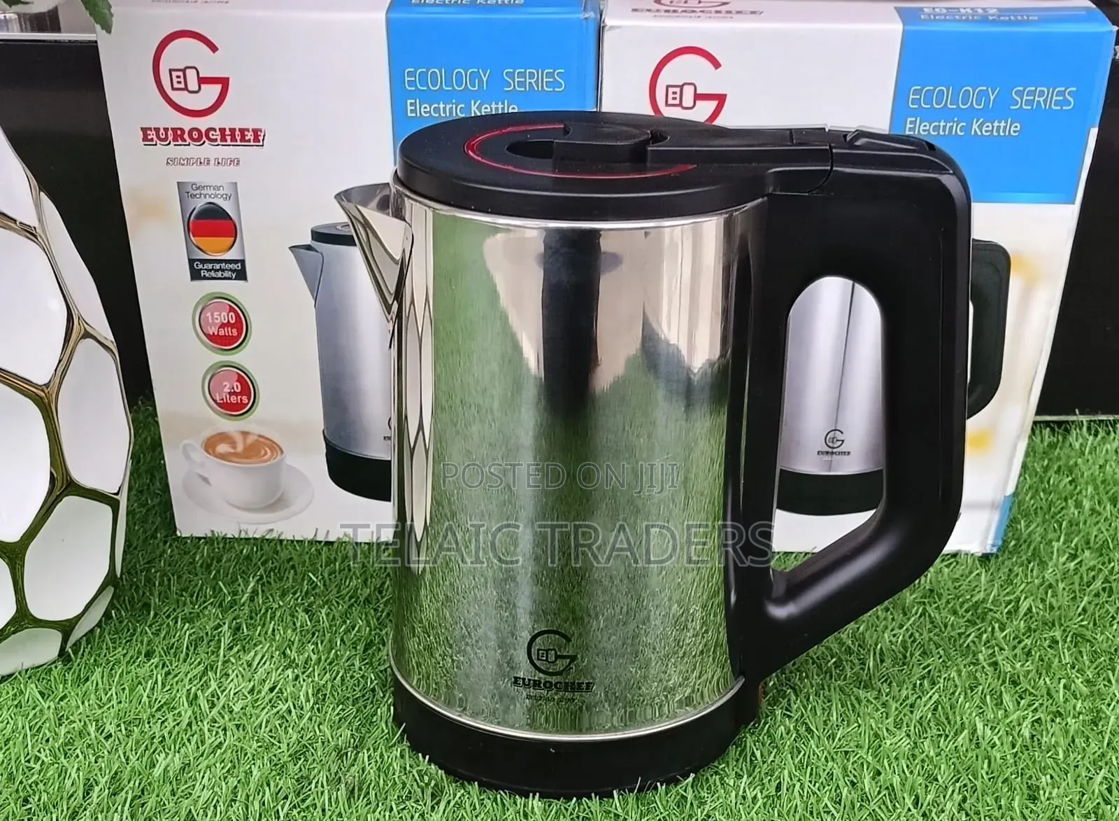 2 Litres Eurochef 3 Pin Plug 1 Metre Cable Stainless Steel Kettle
