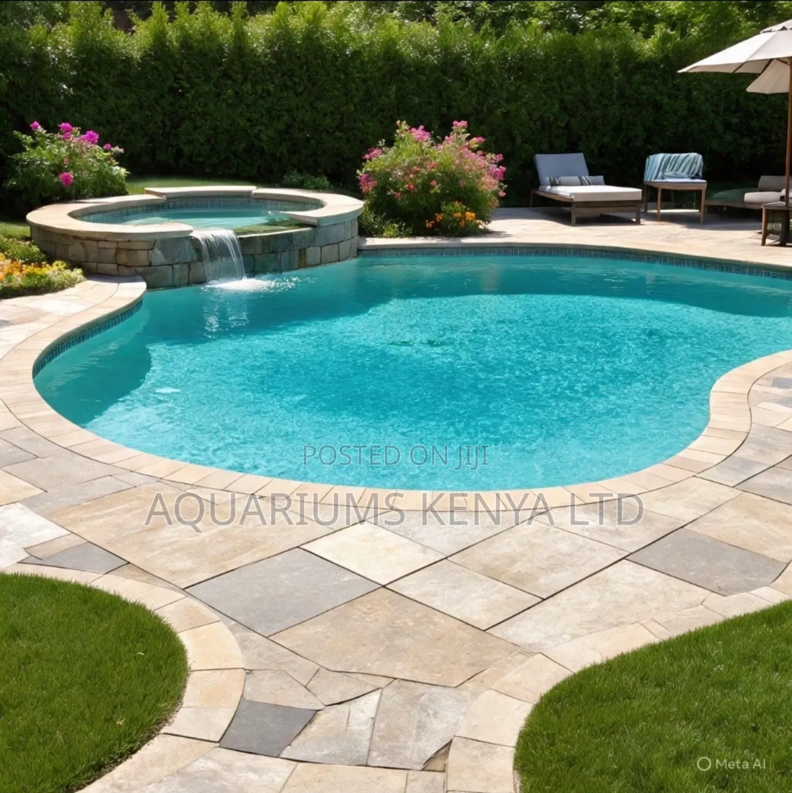 Tear Drop Shape Swimming Pool With Overflow Waterfall Construction