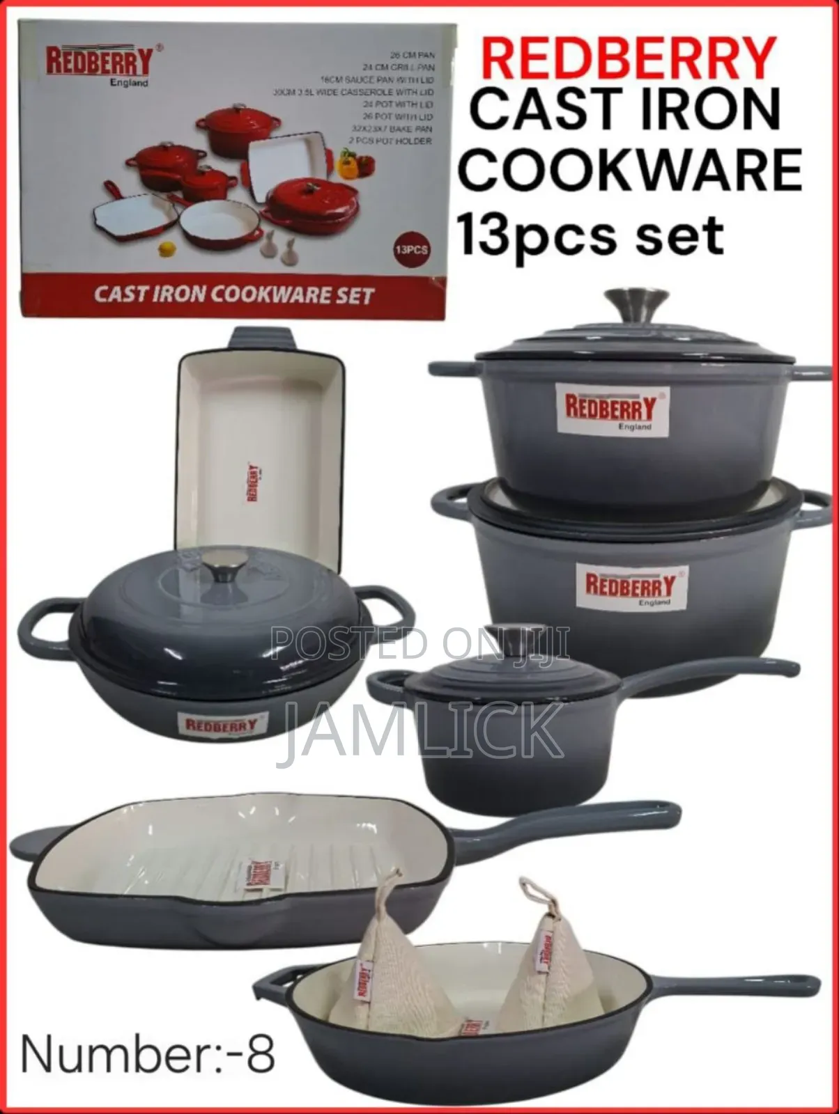 Redberry 13pcs Premium Enamel Coated Cast Iron Cookware Set – Red